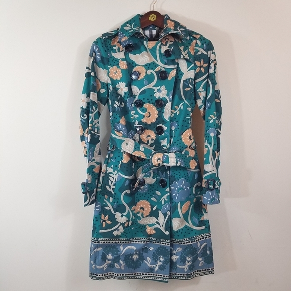 Burberry Prorsum Green Teal Floral Cotton Trench Coat 4